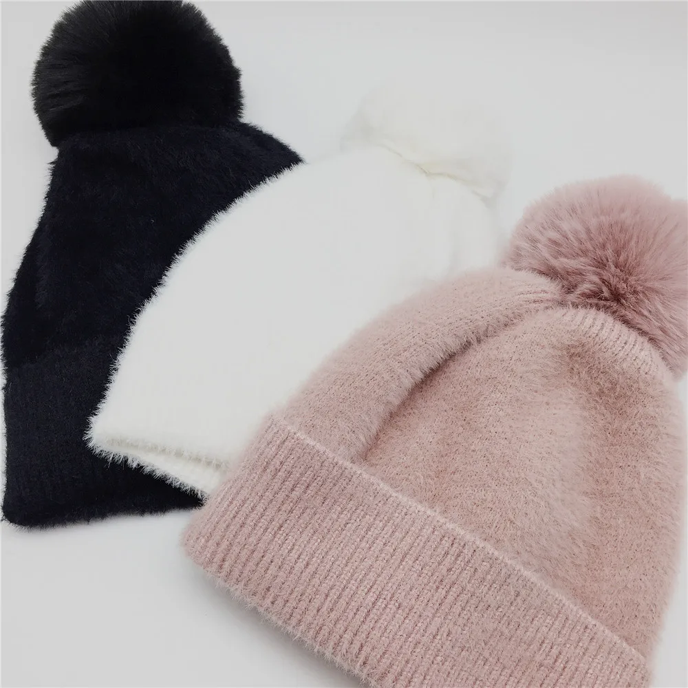 Женская однотонная Пушистая Шапка с подходящим помпоном из искусственного меха