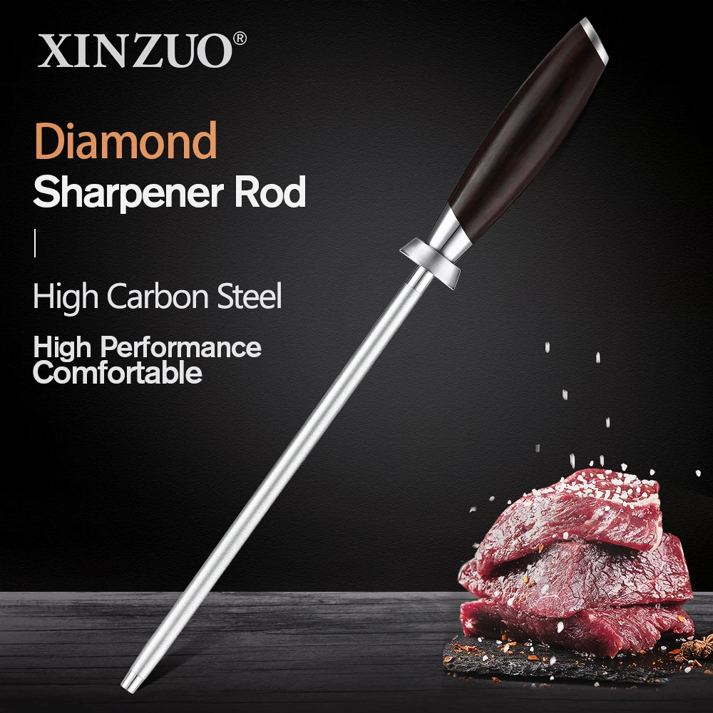   XINZUO Diamond Sharpener Rod Kitchen Knife Accessories High Carbon Stainless Steel Comfortable Nature Ebony Wood 