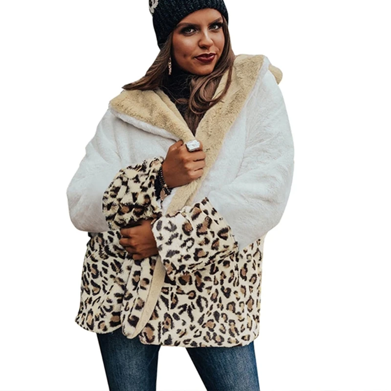 

Women Contrast Stitching Leopard Printed Casual Cardigan Outwear Lapel Coat Winter Warm Long Sleeve Plush Jacket Tops