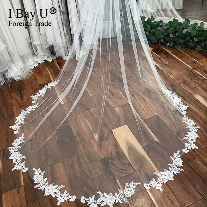 

Роскошные свадебные аксессуары, длинная Кружевная аппликация, одноуровневая свадебная фата для невесты С румяной, 2020, свадебная вуаль