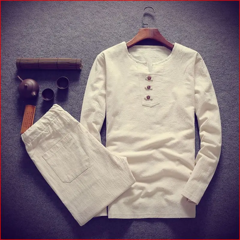 Футболка мужская льняная с длинным рукавом и V-образным вырезом 150 кг | Мужская