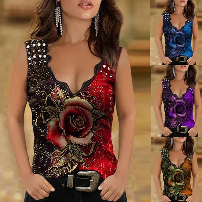 

Summer Fashion Rose Floral Sleeveless Vest Casual V Neck Loose Tank Top Plus Size Elegant Fashion Tops