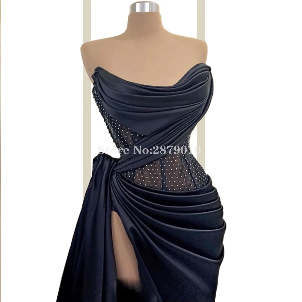 

Elegant Dark Blue Strapless Evening Dress Sheath Full-Length Satin Prom Dress Beaded Slit Vestido de festa Formal 2020 Dubai