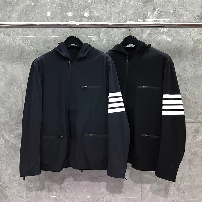 

Fashion 2021 TB Thom Brand Jacket Men Cardigans Clothing Spring Autumn Hooded Reflective Striped Loose Casual Coat With Nood