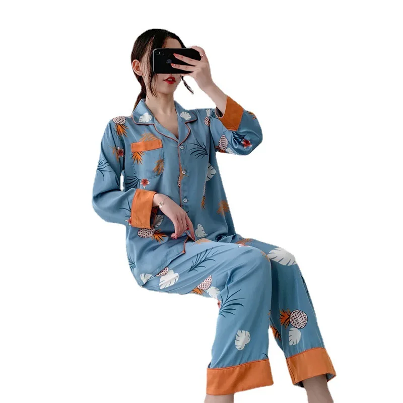 Long Sleeve Pajamas Autumn Long Sleeve Trousers Suit Pineapple Pyjama Set Large Size Two-piece Nightwear Home Service Sleepwear