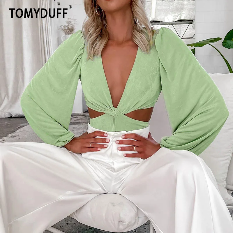 

Женский комбинезон TOMYDUFF, цельный комбинезон с длинными рукавами и глубоким V-образным вырезом, соблазнительный комбинезон для зрелых женщи...