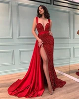 ladies evening dress 2021 fashion womens new style temperament princess sexy split red long tail sequin trendy dress we77