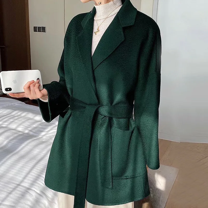 

High-end Pure Wool Wave Coat Handmade Double-Faced Woolen Goods Lace-up Classic Simple Mid-length Jacket Female