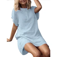 casual women summer solid color o neck short sleeve beach party loose mini dress