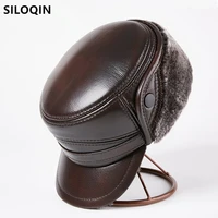 siloqin mens winter bomber hats natural genuine leather caps for men fur warm earmuffs hat anti cold brands cowhide leather cap