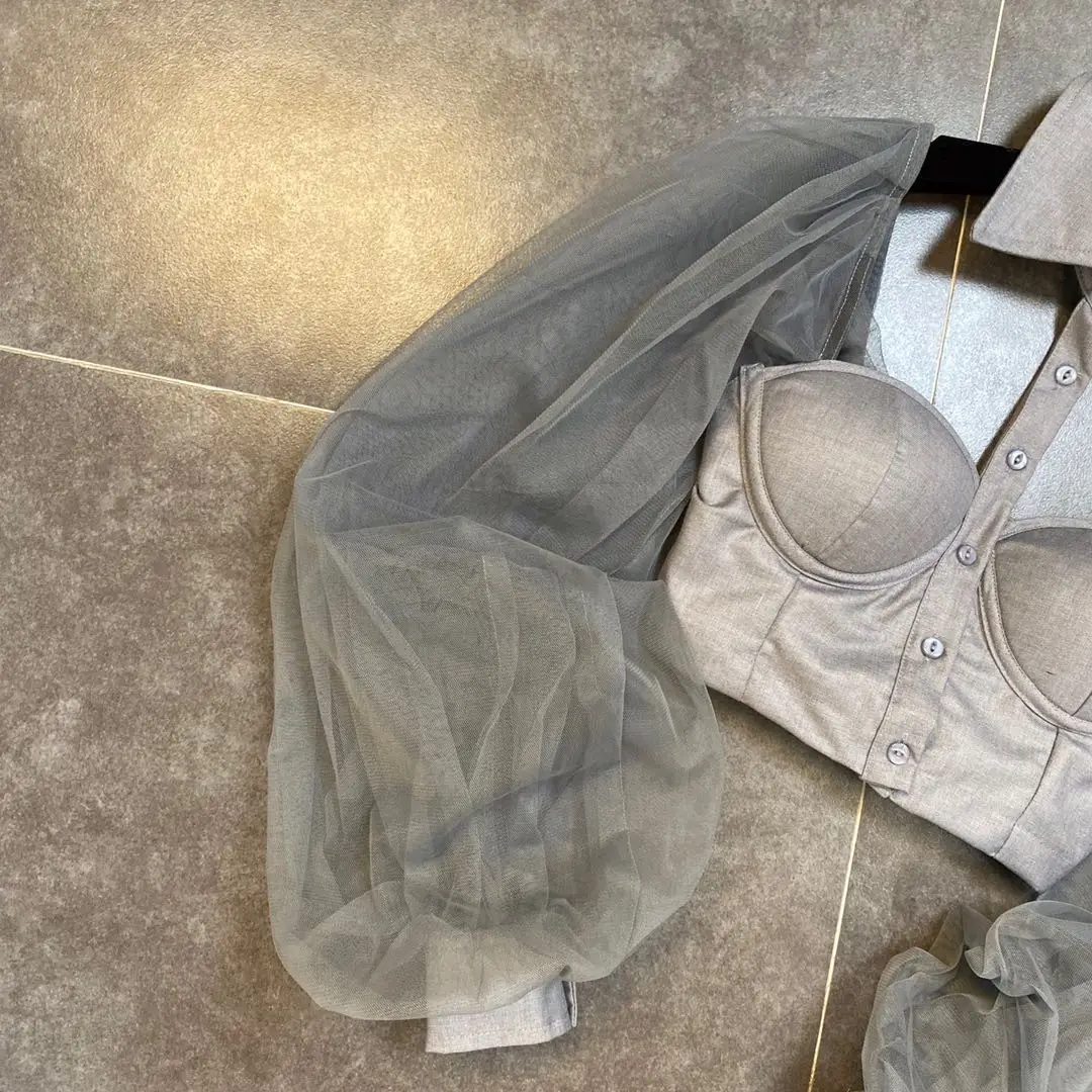 

2021 New Summer Fashion Casual Long Sleeve Turn-down Collar Backless Solid Lace Puff Sleeve Shirt Top Women AF439