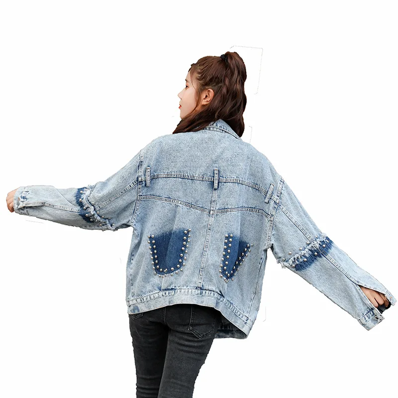 

Beading Patchwork Denim Jacket Women 2020 Spring New Plus Size Loose Coat Turn-down Collar Single Breasted Femlae Jacket