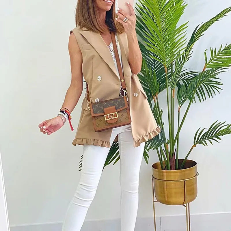 Стильный шикарный двубортный жилет цвета хаки с оборками женский модный