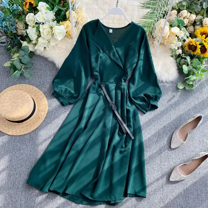 2020 Fashion Spring Summer Chiffon Slim V Neck Puff-Sleeve Belt Dress Beach Party Evening Women Casual Elegant Vestidos | Женская одежда