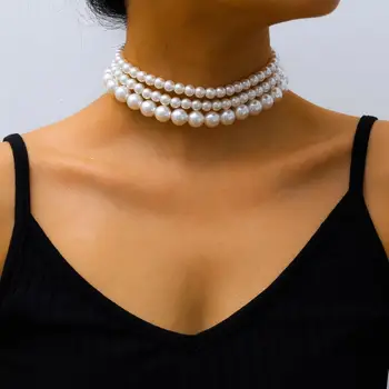 Collar de perlas de imitación blancas multicapa, cadena de cuentas Punk para mujer, collar de clavícula corta para boda, joyería para banquete 1