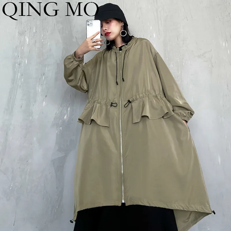 Женское весеннее пальто с оборками QING MO черное или зеленое большого размера