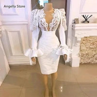 short white sheath evening dress for women 2021 long sleeve prom party gowns dubai arabic lace applique cocktail dress vestido