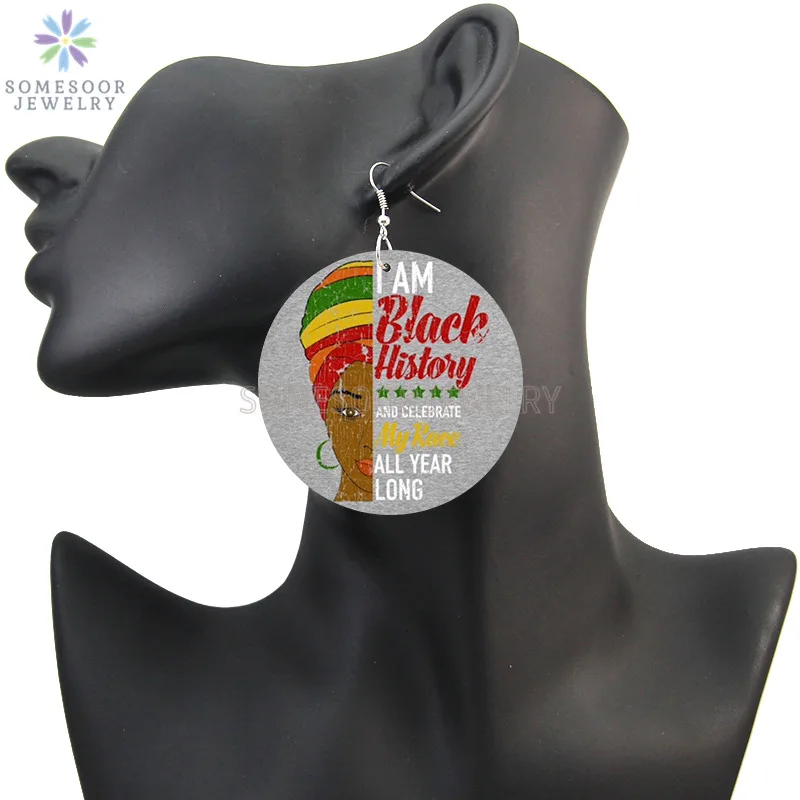 SOMESOOR African Frabic Style Headwrap Woman Printing Wooden Drop Earrings Black History Celebrate My Race Design For Women Gift | Украшения
