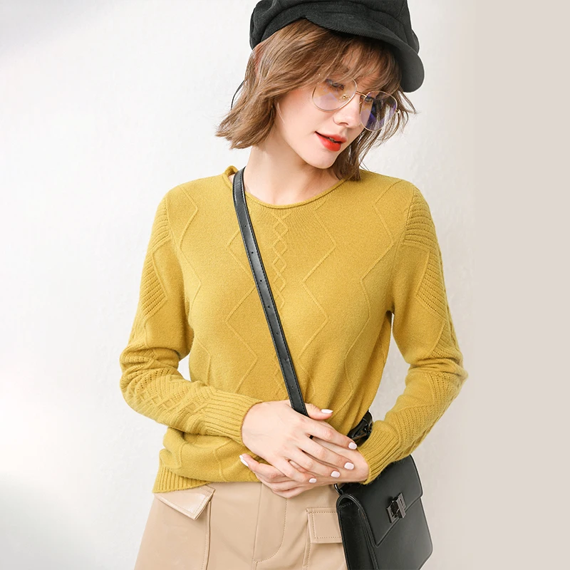 GCAROL New Women O Neck Curled Rhombic Sweater Fall Winter 30% Wool Cashmere Thick Jumper Stretch Warm OL Knitted Pullover S-3XL
