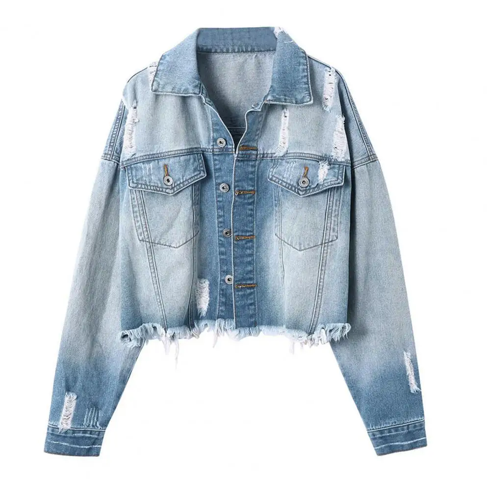 

Jeans Jacket Long Sleeve Ripped Denim Trendy Classic Women Jacket for Dating Wearing