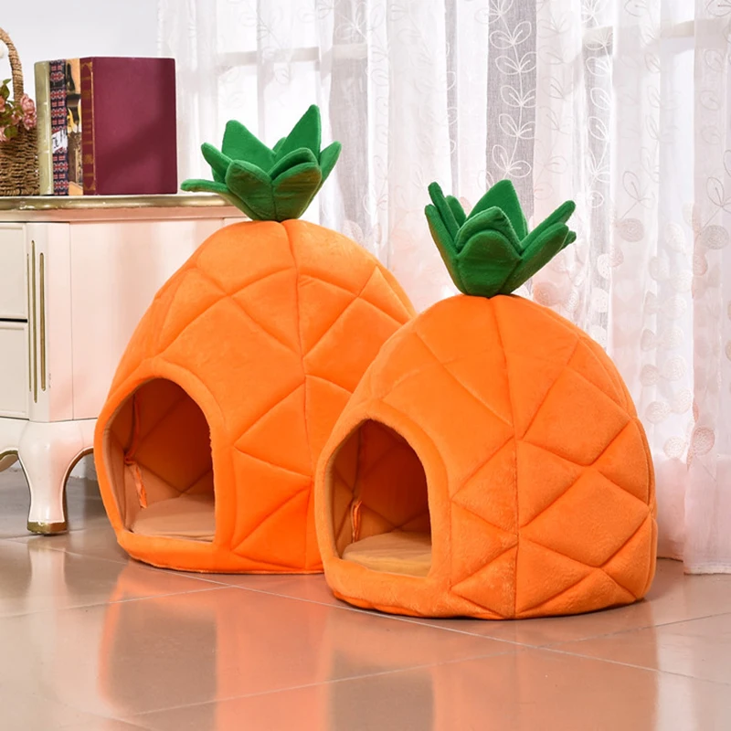 

Милая кровать для собак и кошек с ананасами, оранжевая Флисовая теплая пещера для домашних животных, складной домик для щенков, домашняя спа...