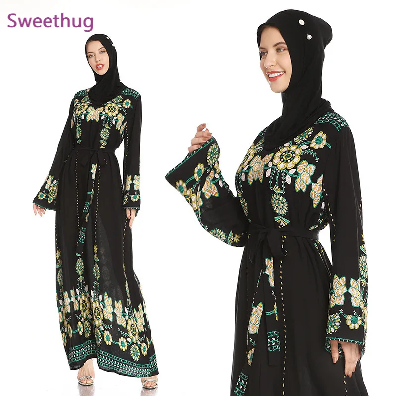 Женское платье с цветочной вышивкой, кимоно на шнуровке, с длинным рукавом, Абая, Дубай, Рамадан, кафтан, мусульманский халат, 2021