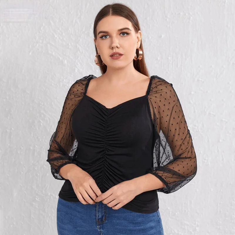 

Блузка женская оверсайз в горошек, приталенная плиссированная рубашка с рукавами, черный топ в стиле ретро, 2XL до 7XL, T2475, на лето