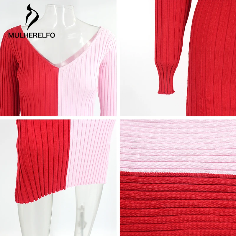 

Casual V-Collar Ribbed Women Knitted Dress Sexy Backless Long Sleeves Female Sweater Dresses Commuter Temperament Pullover Dress