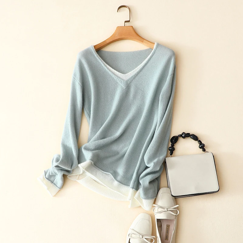 2019 Новая мода v образным вырезом 100% кашемир лоскутное осенний свитер для женщин |