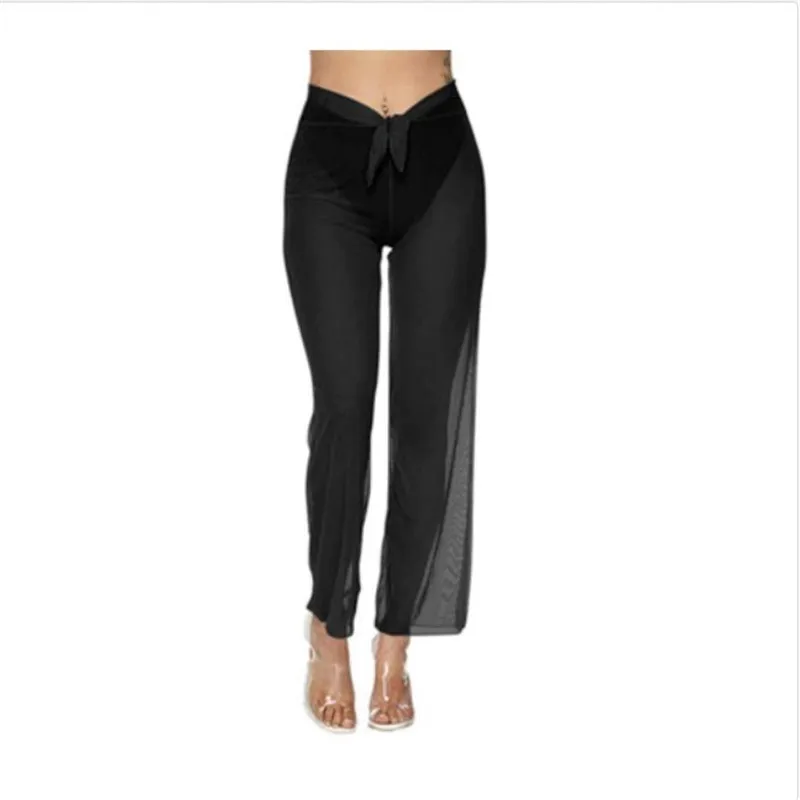 

Women's Sexy Covers Up Beach Mesh Sheer Bikini Swimwear Bathing Long Pants Soild Color Soft Lace Bowknot Trousers Beachwear New