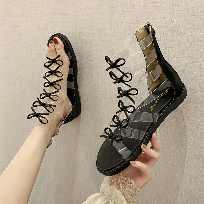 

Sandals women 2021 new fashion all-match high-top flat-bottom women's sandals transparent bow Roman women's sandals