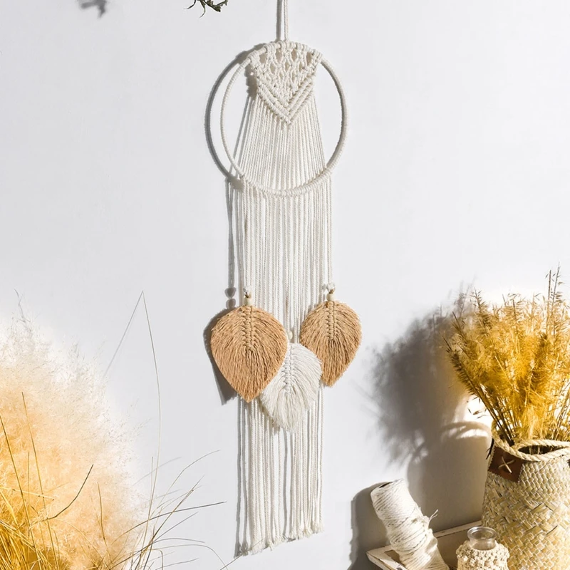 Atrapasue&ntilde;os colgante de pared de macram&eacute; de estilo n&oacute;rdico, tapiz de hojas de borlas tejido bohemio hecho a mano para decoraci&oacute;n de habitaci&oacute;n de ni&ntilde;os y boda-5