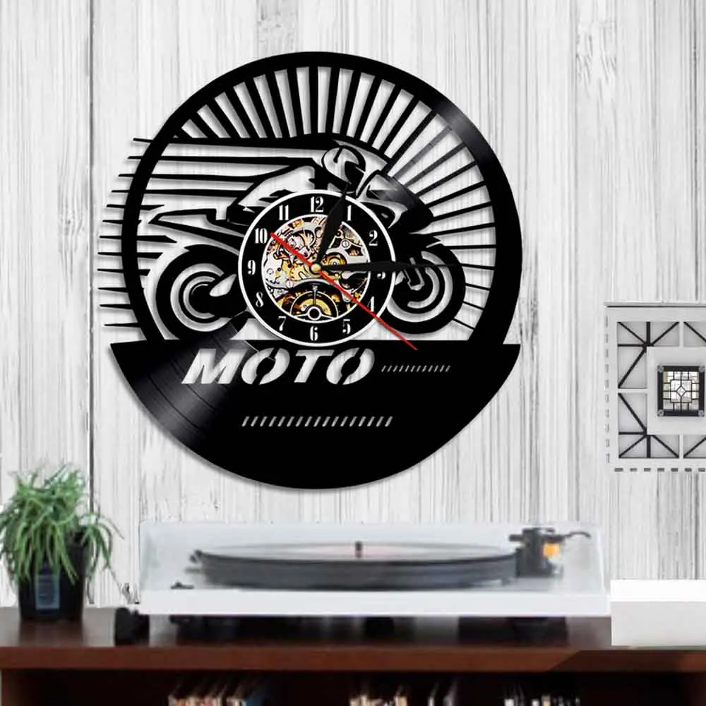 Экстремальные Мотогонки виниловая пластина 3D настенные часы веер настенный