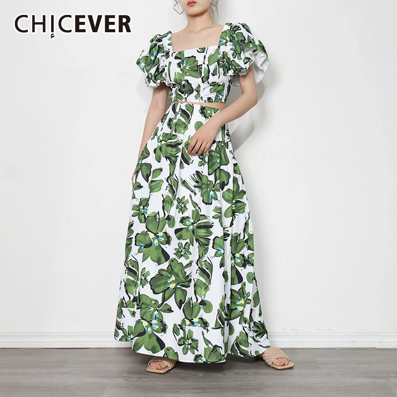 

CHICEVER Print Women's Set Square Collar Short Sleeve Blouse High Waist Maxi Skirt Bohemian Sets Female Fashion New Clothing