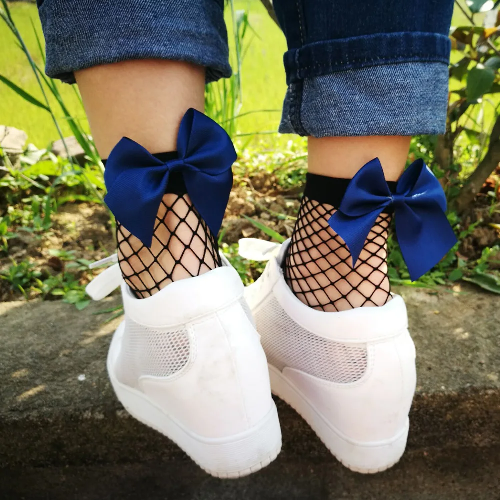 black net cyan knot Модные кружевные короткие носки в сеточку с бабочкой, женские нейлоновые носки на лето и осень, женские большие ажурные черные короткие носки с оборками - Цвет: black net cyan knot