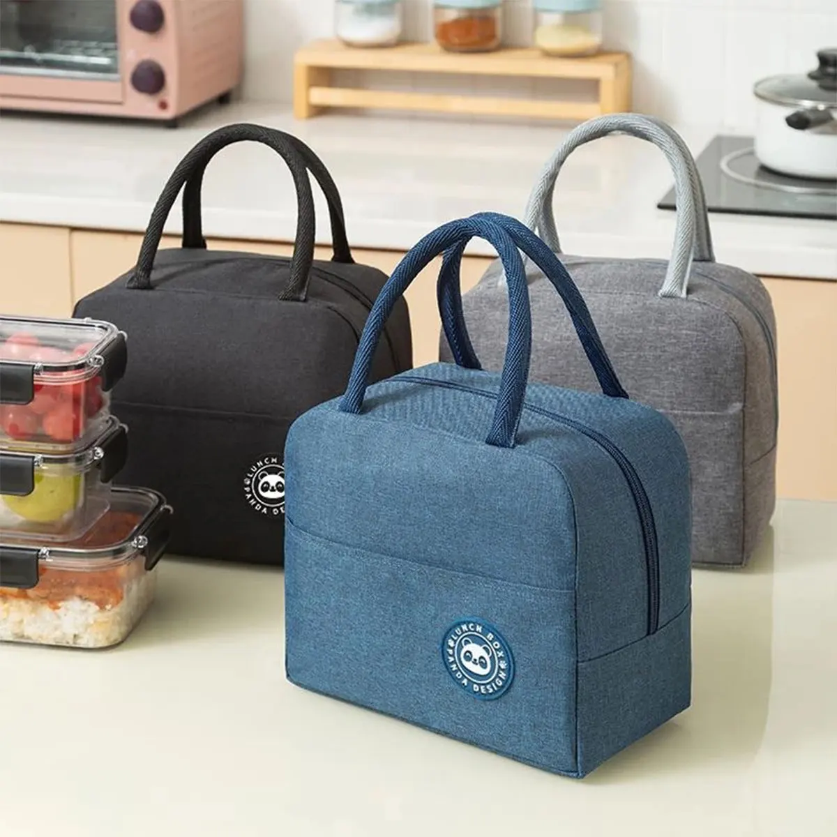 

Reusable Food Storage Bag with Front Pockets Waterproof Lunch Cooler Tote Bag Thermal Insulated Picnic Bag Bento Pouch Universal