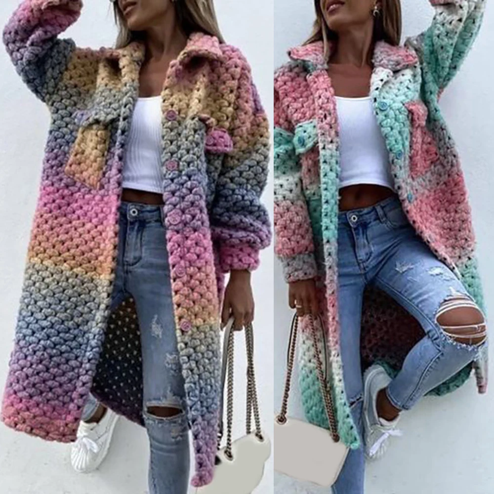 

Женское зимнее пальто радужной расцветки, с отложным воротником и карманами