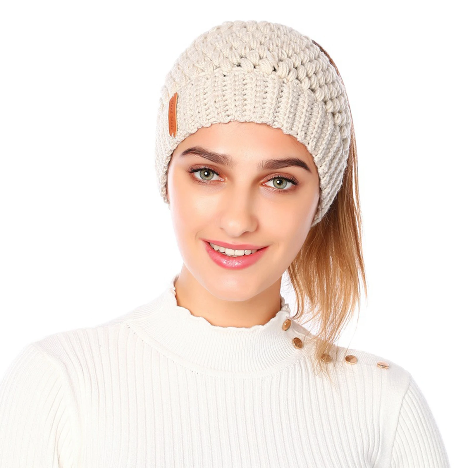 

Women Skullies Beanie Hat Tail Stretch Warm Knit Messy High Bun Ponytail Beanie