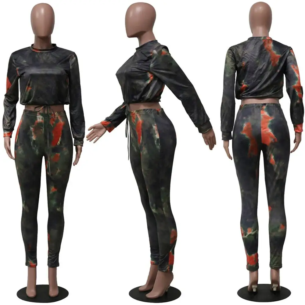 

Cofortable Home Wear Women Tracksuits With Tie-Dye Printing Autumn Casual Skinny Pants O-neck Crop Tops Fashion Two Piece Sets