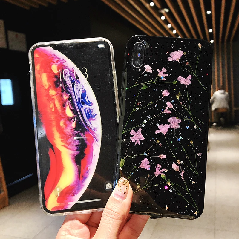 Настоящий высушенный чехол с цветами для iPhone XS Max XR прозрачный мягкий ручной