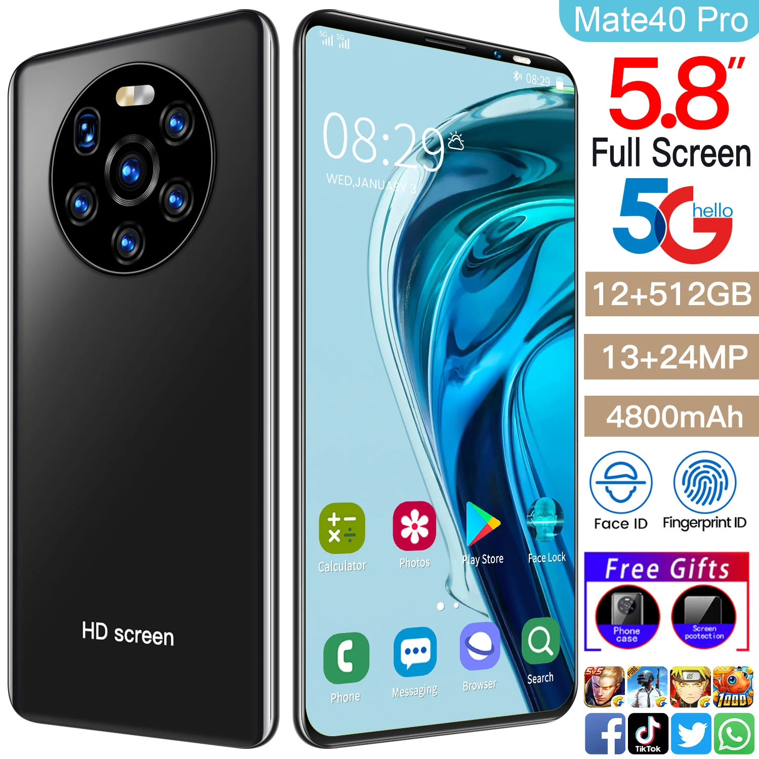 

Mate40 Pro 5.8inch Smartphone 4800mah Android 10 Dual SIM 5G 13MP+ 24MP HD Camera Face Wake 12GB+ 512GB Global Version CellPhone