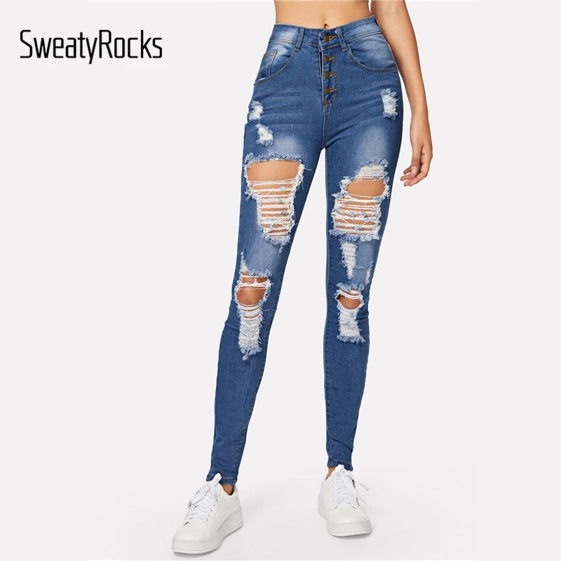 SweatyRocks рваные выцветшие пуговицы обтягивающие джинсы для активного отдыха женские синие повседневные джинсовые штаны Осенние повседневные длинные джинсы