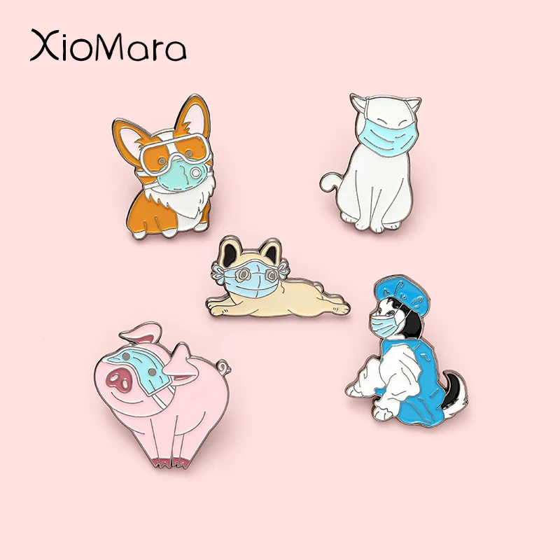 Животные в масках эмаль на булавке кошка собака одежда виде поросенка Броши