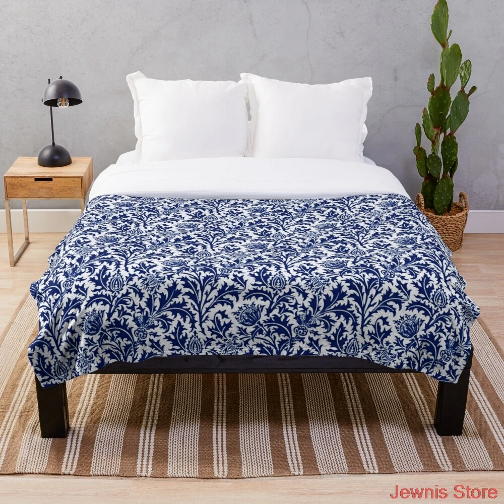 

William Morris Thistle Damask Cobalt Blue and White Blanket Print on Demand Decorative Sherpa Blankets for Sofa bed Gift