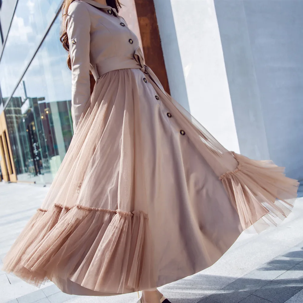 YOSIMI 2019 Autumn Winter Khaki Women Wild Long Trench Coat Outerwear Slim Mesh Clothe with Belt Maxi Female Sashes |