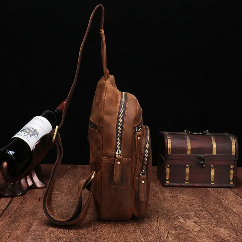 Original Men Genuine Leather Chest Packs Vintage Crazy Horse Travel Sling Shoulder Bag Male Daypack Crossbody Bag Handbags