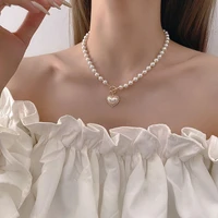 mengjiqiao korean elegant pearl beads necklace for women ladies fashion rhinestone shell heart pendent necklace choker jewelry