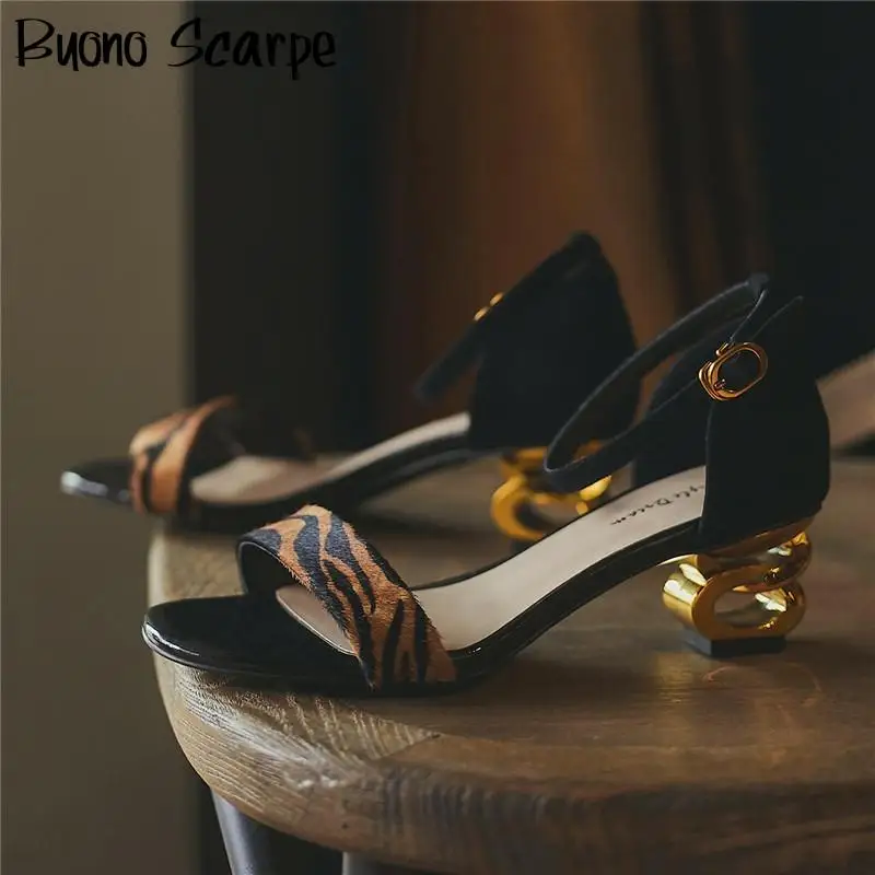 

Leopard Women Sexy Sandals Strange High Heel Summer Shoes Ankle Strap Metal Heel Sandals Ladies Leather Shoes Buckles Sandalias