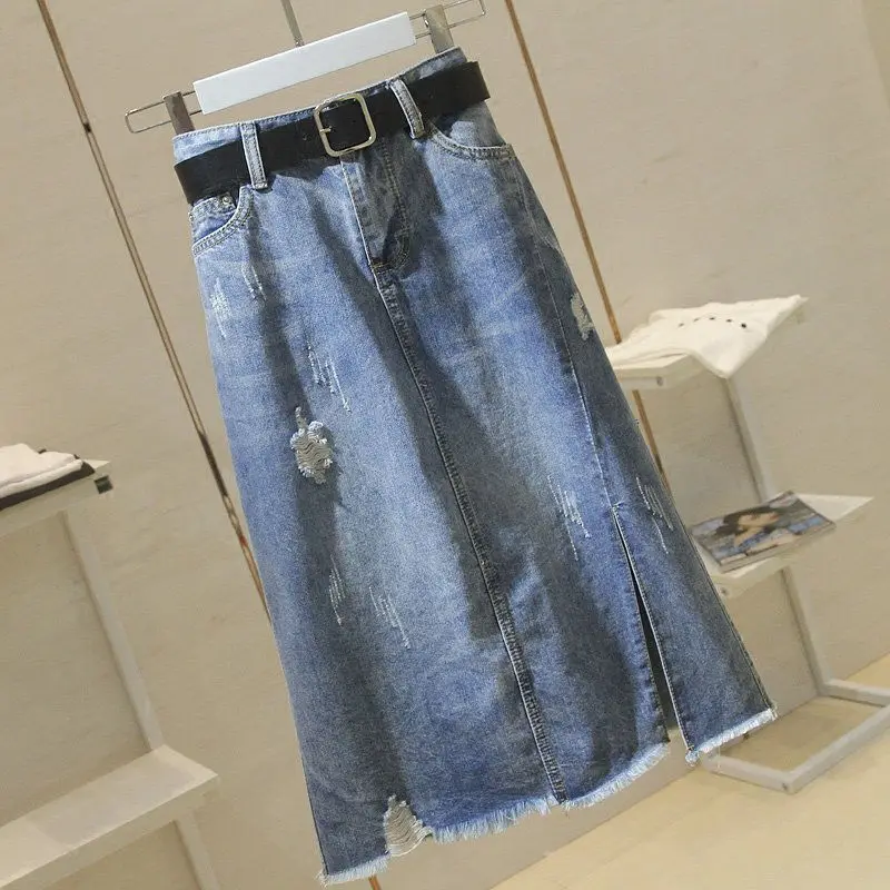 

Women New Denim Skirts Summer Autumn Plus Size Versatile Slit A-Line Long Skirt High Waist Slimming Washed Holes Jeans Tailored