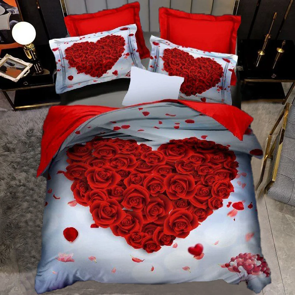 3D Rose Heart Bedding Set Nordic Duvet Cover 150x200 220x240 King Size Quilt Cover Modern Cat Wolf Print Pillowcase No Bed Sheet